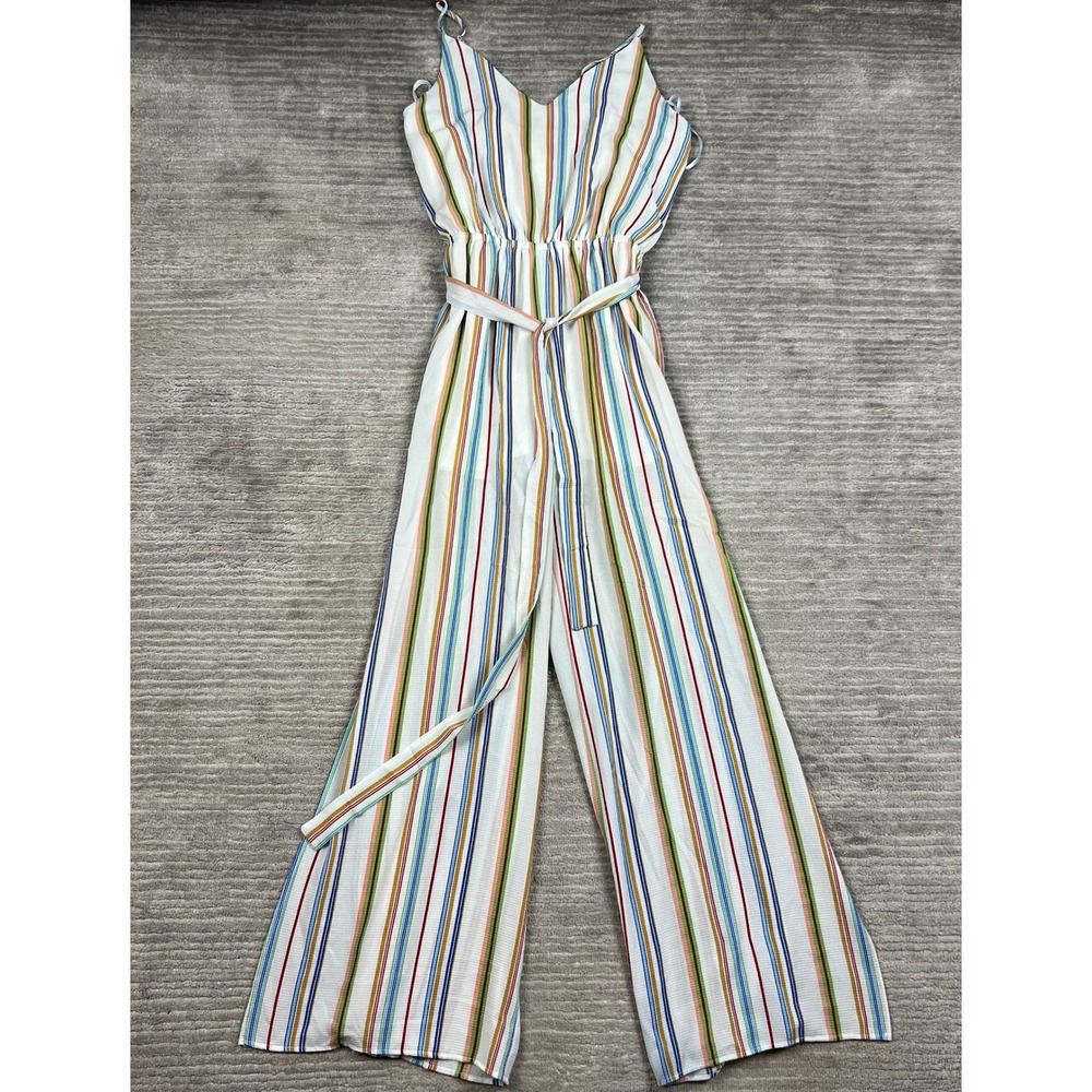 One Clothing Jumpsuit Women M White Multi Striped Wide Leg V-Neck Tie Waist Boho